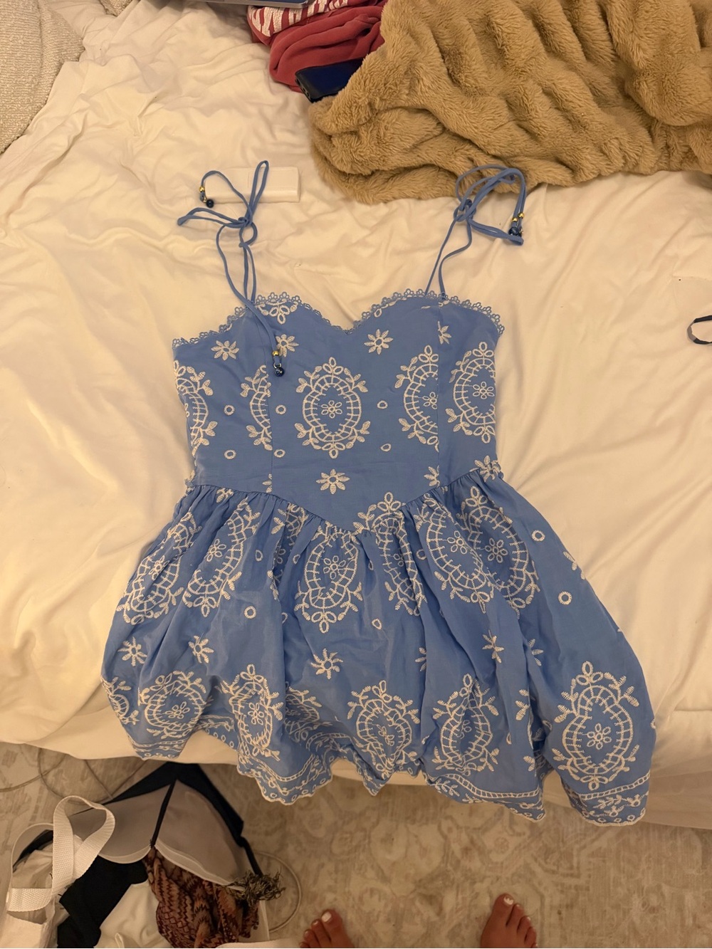 Blue Embroidered Spaghetti-Strap Kids Dress